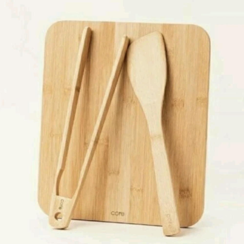 New Core Bamboo Serve Set Cutting Chopping Board Spatula Tongs ~Sealed